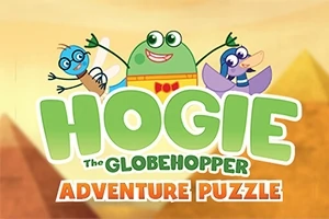 Trzy kolorowe postacie z kreskówek z napisem Hogie the Globehopper Adventure Puzzle na tle żółtych piramid