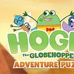 Trzy kolorowe postacie z kreskówek z napisem Hogie the Globehopper Adventure Puzzle na tle żółtych piramid