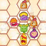 Kolorowe, animowane postacie z wyrazistymi twarzami i emocjami umieszczone w sześciokątnej siatce na tle przypominającym zimowy krajobraz