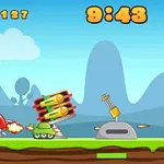 Kolorowa scena z kreskówkowymi pojazdami wojskowymi, latającymi rakietami, helikopterem i licznik czasu na tle górskiego krajobrazu