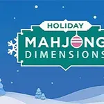 Niebieskie tło z napisem Holiday Mahjong Dimensions ozdobionym śnieżynkami, w zimowej scenerii z drzewami pokrytymi śniegiem i domkiem