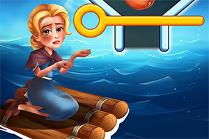 Kobieta siedząca na tratwie na morzu zaniepokojona, obok klucz w zamku mechanizmu