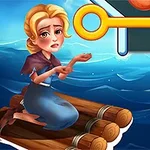 Kobieta siedząca na tratwie na morzu zaniepokojona, obok klucz w zamku mechanizmu