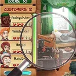 Pokój z nieuporządkowanymi przedmiotami, dużą lupą na środku i listą klientów po lewej stronie