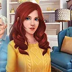 Kobieta o rudych włosach ubrana w żółty sweter stoi przed starszą parą w eleganckim wnętrzu z niebieską kanapą i lampą w tle