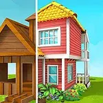 Połowa obrazu przedstawia drewniany, niedokończony domek, a druga połowa kolorowy, wykończony dom z żółtym dachem i zielenią wokół