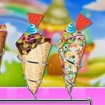 Trzy lody w rożkach z posypkami, niebieską bitą śmietaną i plasterkami arbuza w tle z tęczą i baśniowymi budynkami