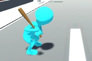 Niebieska postać z kijem bejsbolowym stoi na szarej ulicy