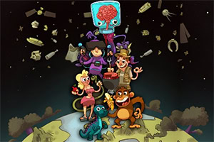 Postacie kreskówkowe na kuli ziemskiej otoczone kosmicznymi śmieciami i robotem z mózgiem w słoiku