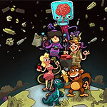 Postacie kreskówkowe na kuli ziemskiej otoczone kosmicznymi śmieciami i robotem z mózgiem w słoiku