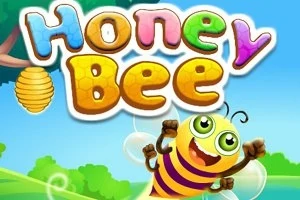 Kolorowy napis Honey Bee z animowaną, uśmiechniętą pszczołą na tle nieba i zieleni