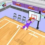 Postać w fioletowym stroju z numerem 10 wykonuje wsad do kosza na boisku do koszykówki w hali sportowej