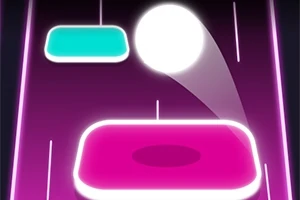 Kulista, biała figura odbija się od prostokątnych neonowych platform na ciemnym tle