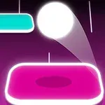 Kulista, biała figura odbija się od prostokątnych neonowych platform na ciemnym tle