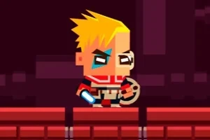 Postać z blond włosami trzymająca jasnoniebieski miecz świetlny, ubrana w czerwono-czarny strój, stoi na czerwonej platformie na ciemnym tle