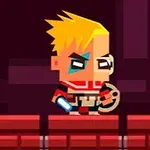 Postać z blond włosami trzymająca jasnoniebieski miecz świetlny, ubrana w czerwono-czarny strój, stoi na czerwonej platformie na ciemnym tle