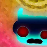 Kolorowa sylwetka przypominająca twarz lub maskę z jaskrawoczerwonymi oczami i dołkami na ciemnym tle z gradientem w odcieniach żółci i różu