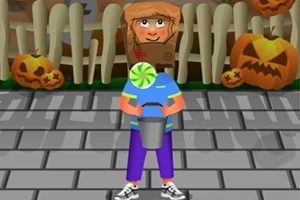 Dziecko ubrane w kostium z papierową torbą na głowie trzyma wiadro na tle ogrodzenia z dyniami na Halloween