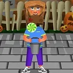 Dziecko ubrane w kostium z papierową torbą na głowie trzyma wiadro na tle ogrodzenia z dyniami na Halloween
