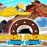 Jockey w żółtym stroju jadący na brązowym koniu z podkową w tle