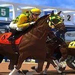 Wyścig koni z dżokejami w kolorowych strojach na tle toru wyścigowego i bramek startowych