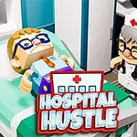 Postacie o wyglądzie klockowym w szpitalnym otoczeniu, gdzie pacjent leży na łóżku, a obok stoi lekarz z słuchawkami lekarskimi