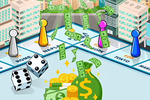 Pionki na planszy z nazwami miast, spadające banknoty i rzucające kości do gry w otoczeniu wieżowców
