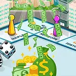 Pionki na planszy z nazwami miast, spadające banknoty i rzucające kości do gry w otoczeniu wieżowców