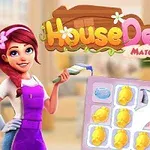 Kobieta z czerwonymi włosami w fioletowym fartuchu trzyma pędzel obok kolorowej planszy z ikonami i elementami dekoracyjnymi na tle zawierającym napis House Design Match 3