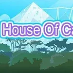 Napis House Of Cards na tle drzew i przezroczystej struktury przypominającej dom z kart na niebieskim niebie