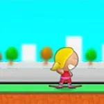 Dziewczynka z blond włosami na deskorolce na tle kolorowych drzew i budynków