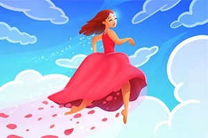 Kobieta w czerwonej sukni biegnąca po chmurach na tle niebieskiego nieba