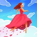 Kobieta w czerwonej sukni biegnąca po chmurach na tle niebieskiego nieba