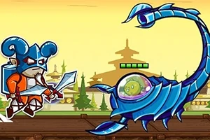 Postać w stroju rycerza z niebieskim hełmem i mieczem stoi naprzeciw dużego niebieskiego skorpiona z kapsułą zawierającą zielonego stwora, a w tle widać orientalne budowle