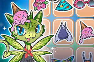 Zielony smok z lodowym rożkiem na głowie, otoczony różnymi elementami ubioru, takimi jak kapelusze i okulary przeciwsłoneczne, na tle jasnych kafelków