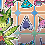 Zielony smok z lodowym rożkiem na głowie, otoczony różnymi elementami ubioru, takimi jak kapelusze i okulary przeciwsłoneczne, na tle jasnych kafelków