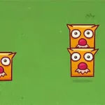 Trzy pomarańczowe kwadraty z dużymi oczami i nosami, jeden z nich stoi sam, a dwa są ułożone jeden na drugim na zielonym tle