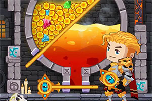 Bohater z blond włosami stojący przed przeszkodą z lawą i monetami, w otoczeniu średniowiecznych elementów