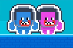 Dwa pikselowe postacie w skafandrach kosmicznych, niebieska i różowa, stojące obok siebie na tle niebieskiego nieba z ceglaną platformą