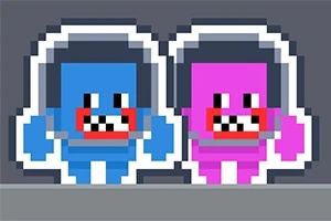 Dwie pikselowe postacie w skafandrach kosmicznych, jedna niebieska, druga różowa, z czerwonymi ustami i dużymi zębami