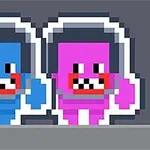 Dwie pikselowe postacie w skafandrach kosmicznych, jedna niebieska, druga różowa, z czerwonymi ustami i dużymi zębami