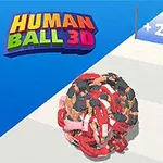 Kulista struktura złożona z ludzików na torze z punktami; kolorowe logo Human Ball 3D w lewym górnym rogu