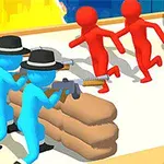 Niebieskie postacie z kapeluszami strzelają z karabinów zza worków z piaskiem do uciekających czerwonych postaci