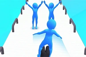 Trzy niebieskie postacie na białym moście z podniesionymi rękami, otoczone niebieskim tłem