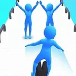 Trzy niebieskie postacie na białym moście z podniesionymi rękami, otoczone niebieskim tłem