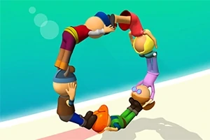 Postacie ułożone w okrąg na tle nieba i piasku, trzymając się za nogi i ręce