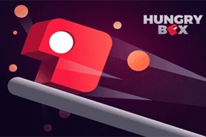 Czerwony sześcian z białym kółkiem na kolorowym tle z napisem Hungry Box