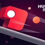 Czerwony sześcian z białym kółkiem na kolorowym tle z napisem Hungry Box