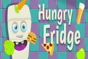 Biała lodówka z oczami i jedzeniem, w tym marchewką, hamburgerem i pizzą, na tle kolorowych kafelków, z napisem Hungry Fridge