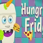 Biała lodówka z oczami i jedzeniem, w tym marchewką, hamburgerem i pizzą, na tle kolorowych kafelków, z napisem Hungry Fridge